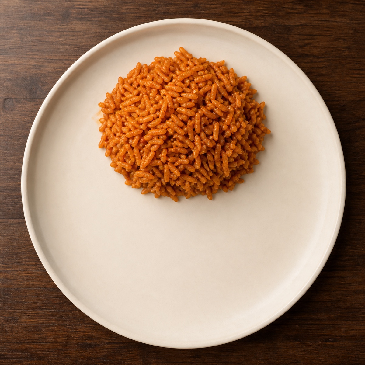 Fresh jollof rice on a ceramic plate